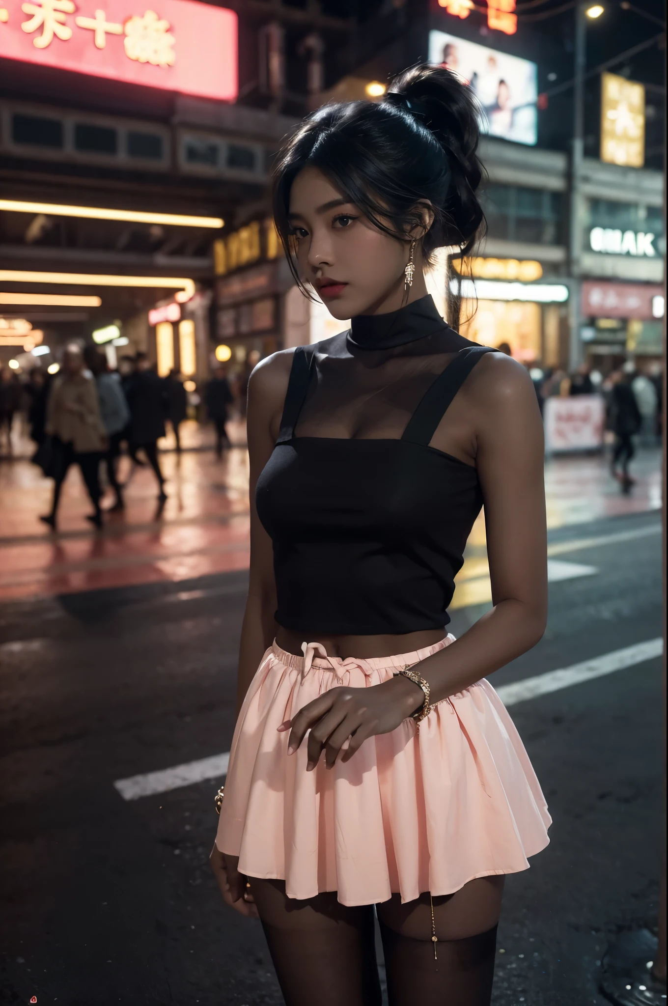(((best quality))),(((ultra detailed))),(((masterpiece))),illustration,1girl,slim,vibrant rose-pink cotton dress,short ponytail,flat chest,pantyhose,standing, bustling city streets, honking cars,surrounded by crowded crowds, colorful advertisements,enjoying sights and sounds,(dark black skin:1.5),day scene,upper body