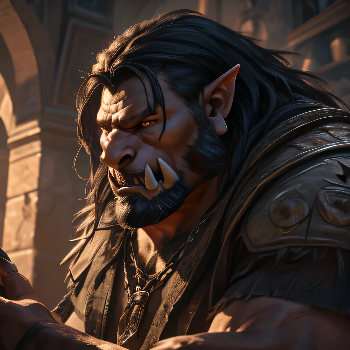 orc, large fangs, long shaggy hair, chubby and fat body,, piercing eyes, snarling expression, detailed skin texture, veiny hands, clawed fingers, drool, thick neck, hulking figure, rugged features, imposing presence, digital painting, highly detailed, (best quality,4k,8k,highres,masterpiece:1.2),ultra-detailed,(realistic,photorealistic,photo-realistic:1.37), dramatic lighting, moody atmosphere, earthy color palette, fantasy concept art