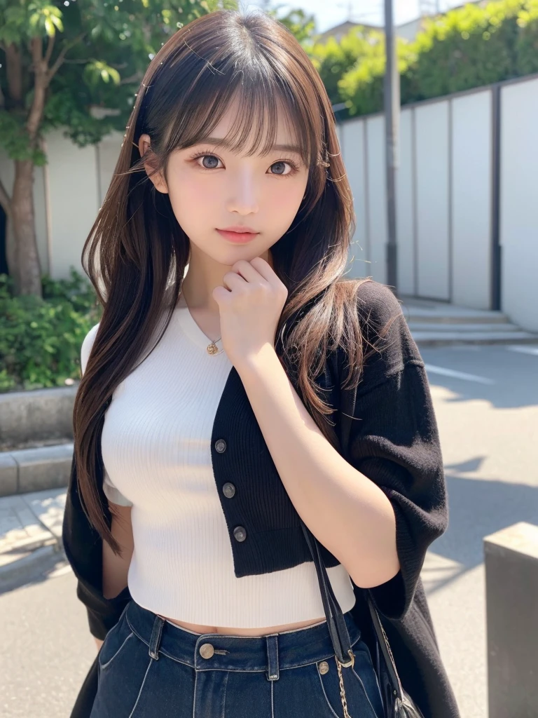 ((cute日本の女の子、Beautiful Japanese Girl、One girl、19 years old、ponytail、Highly detailed face and skin texture、Ultra detailed face、Ultra-detailed eyes、鬠红、blush、front、 cute、Highly detailed face and skin texture、Smooth white skin、Translucent skin texture、))、(Dark Brown Hair)、looking at the camera、Sharp Focus:1.2、Beautiful woman with perfect style:1.4、Japanese Model、((Highest quality、8K、masterpiece:1.5、1Photos))、(4K、RAW Photos、Highest quality)、Place people across the entire screen、Natural light、professional lighting、(Realistic、フォトRealistic:1.5)、 Young Gravure Idol、cuteグラビアアイドル、Real Gravure Idol、A sophisticated gravure idol、