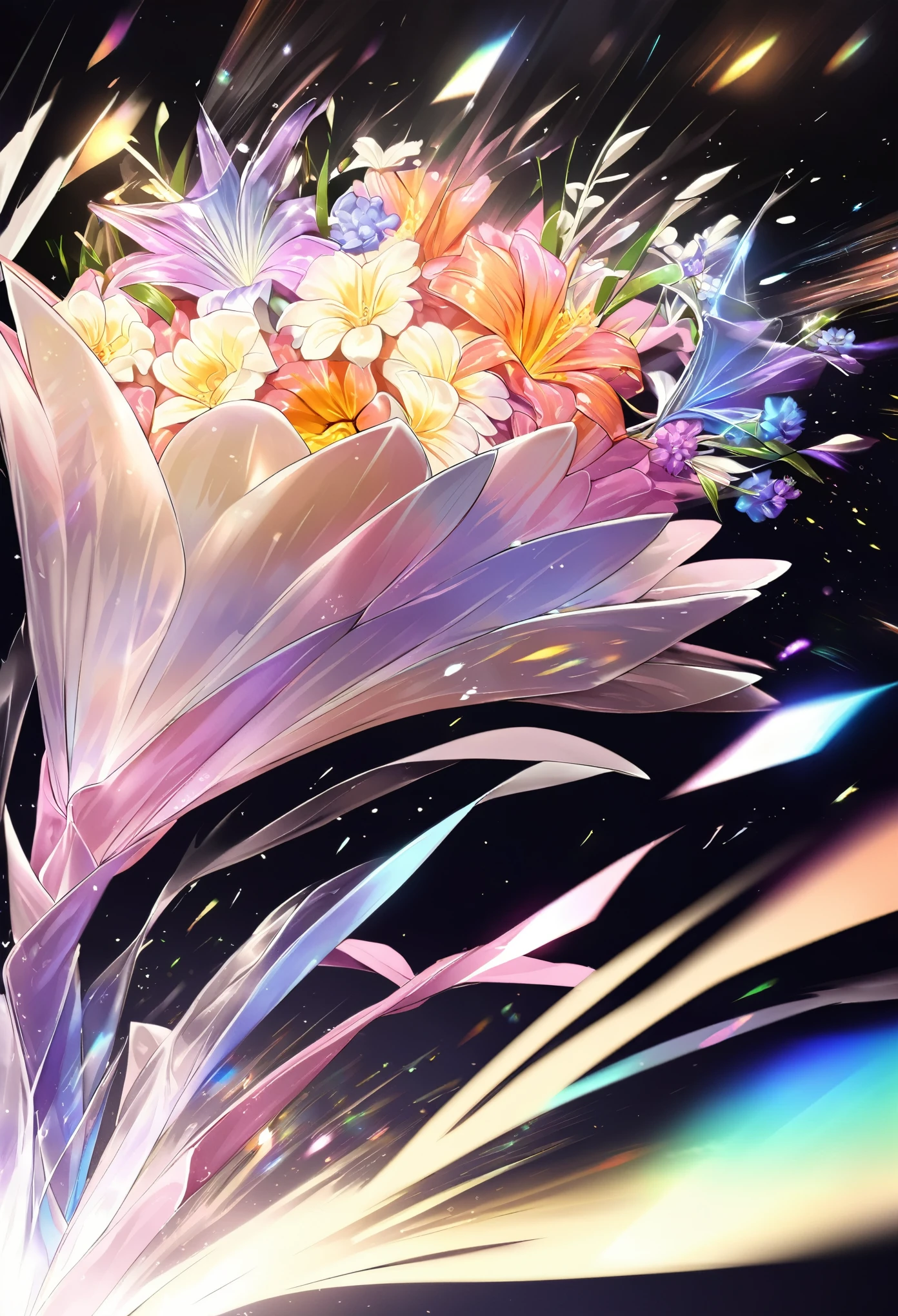 best quality, super fine, 16k, 2.5D, delicate and dynamic, transparent translucent iridescent bouquet flying in the air in slow motion, (action blur, motion blur, speed lines:0.5), glitter effect, dark background