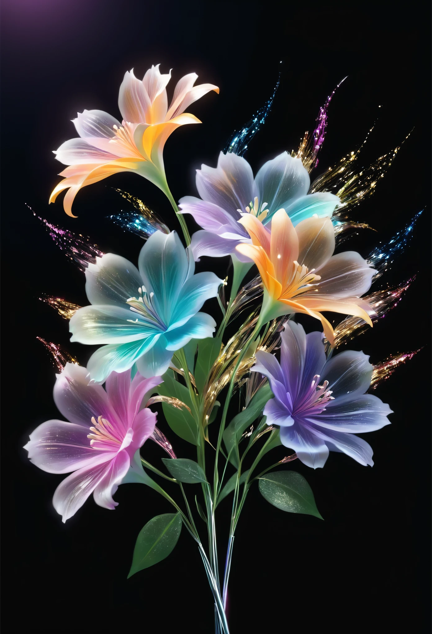 best quality, super fine, 16k, 2.5D, delicate and dynamic, transparent translucent iridescent bouquet flying in the air in slow motion, (action blur, motion blur, speed lines:0.5), glitter effect, dark background