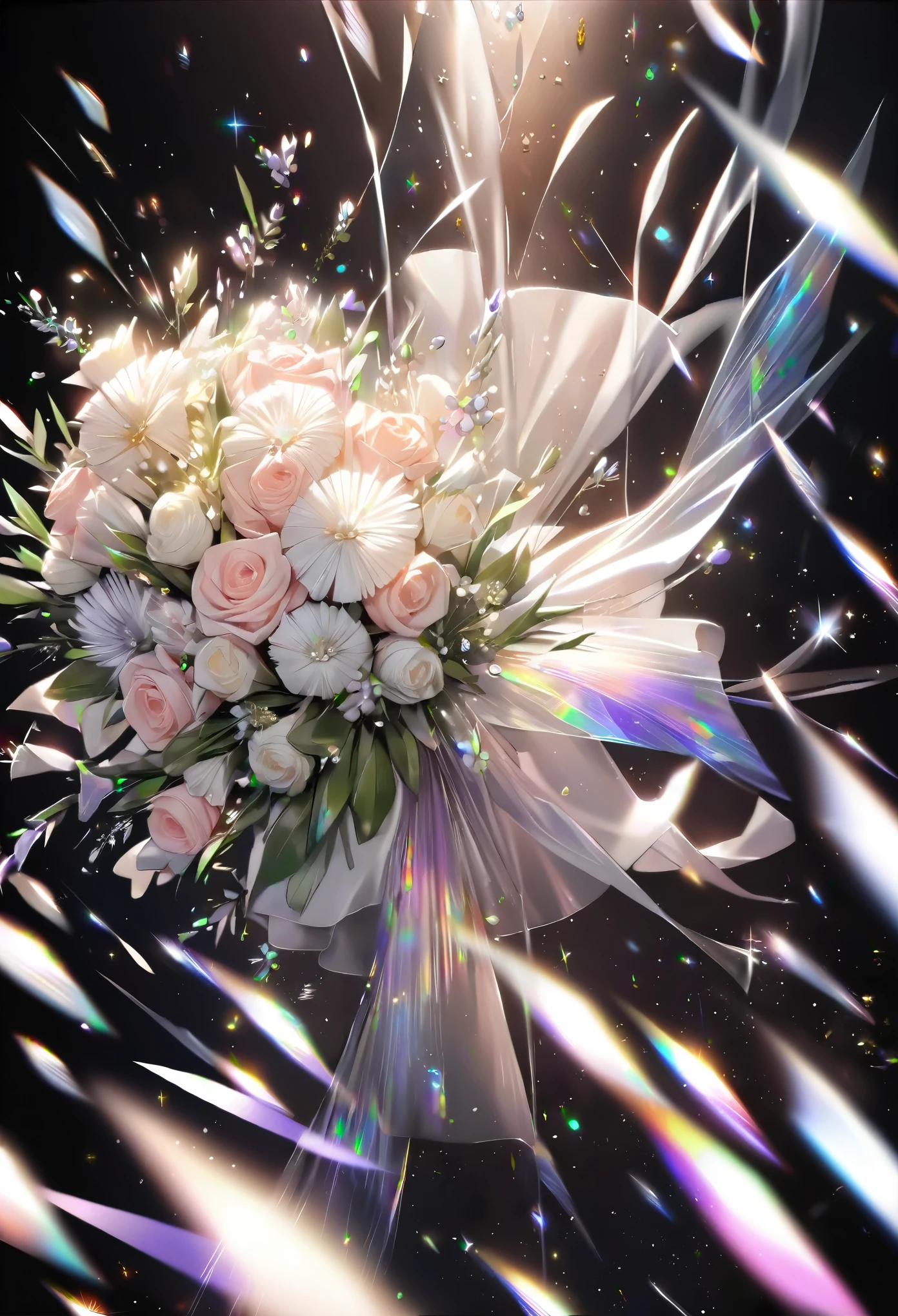 best quality, super fine, 16k, 2.5D, delicate and dynamic, transparent translucent iridescent bouquet flying in the air in slow motion, (action blur, motion blur, speed lines:0.5), glitter effect, dark background