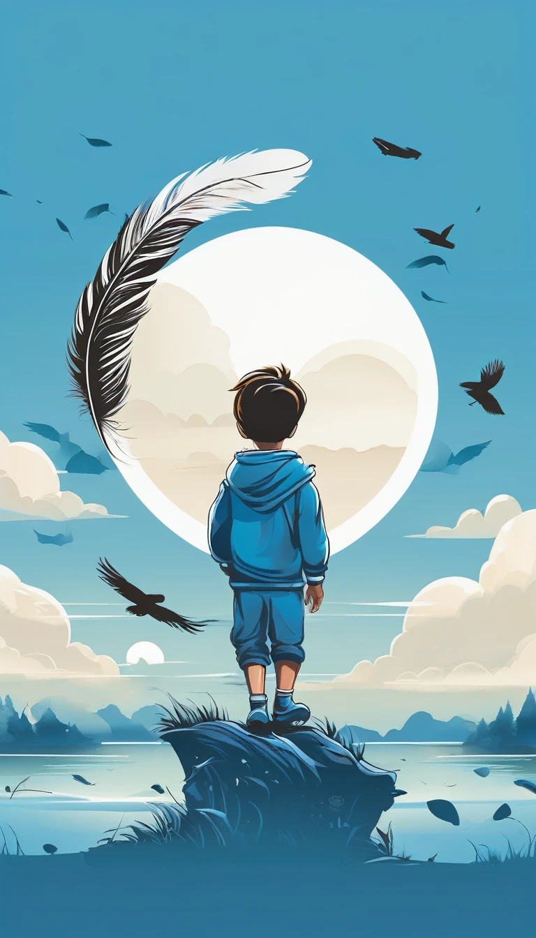 Create a minimalistic, simple, fantastic, easy to understand, logo design of a boy and a feather for an upcoming Brand called " Penamemoria". Create the logo in the center. A fantasy theme with birds and feathers as background, blue sky, white clouds. Use the colours light blue, white, golden in the logo. The logo design must convey a sense of storytelling, memories, dreams and music. Must convey a feeling of being a true Dreamer.