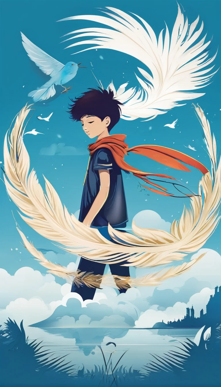 Create a minimalistic, simple, fantastic, easy to understand, logo design of a boy and a feather for an upcoming Brand called " Penamemoria". Create the logo in the center. A fantasy theme with birds and feathers as background, blue sky, white clouds. Use the colours light blue, white, golden in the logo. The logo design must convey a sense of storytelling, memories, dreams and music. Must convey a feeling of being a true Dreamer.