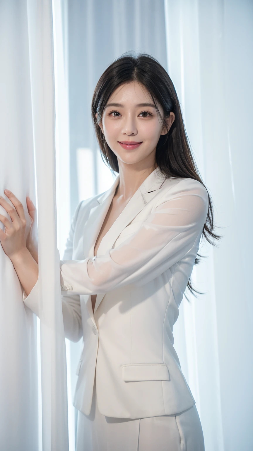 40-year-old man, Soft headlights,High-density imaging,(The face is clear and delicate),((Black suit)),((Various dynamic poses)),((((Half-length photo)))),((Smile)),((Background is white curtain)),best quality,masterpiece,(Soft colors:1.2)