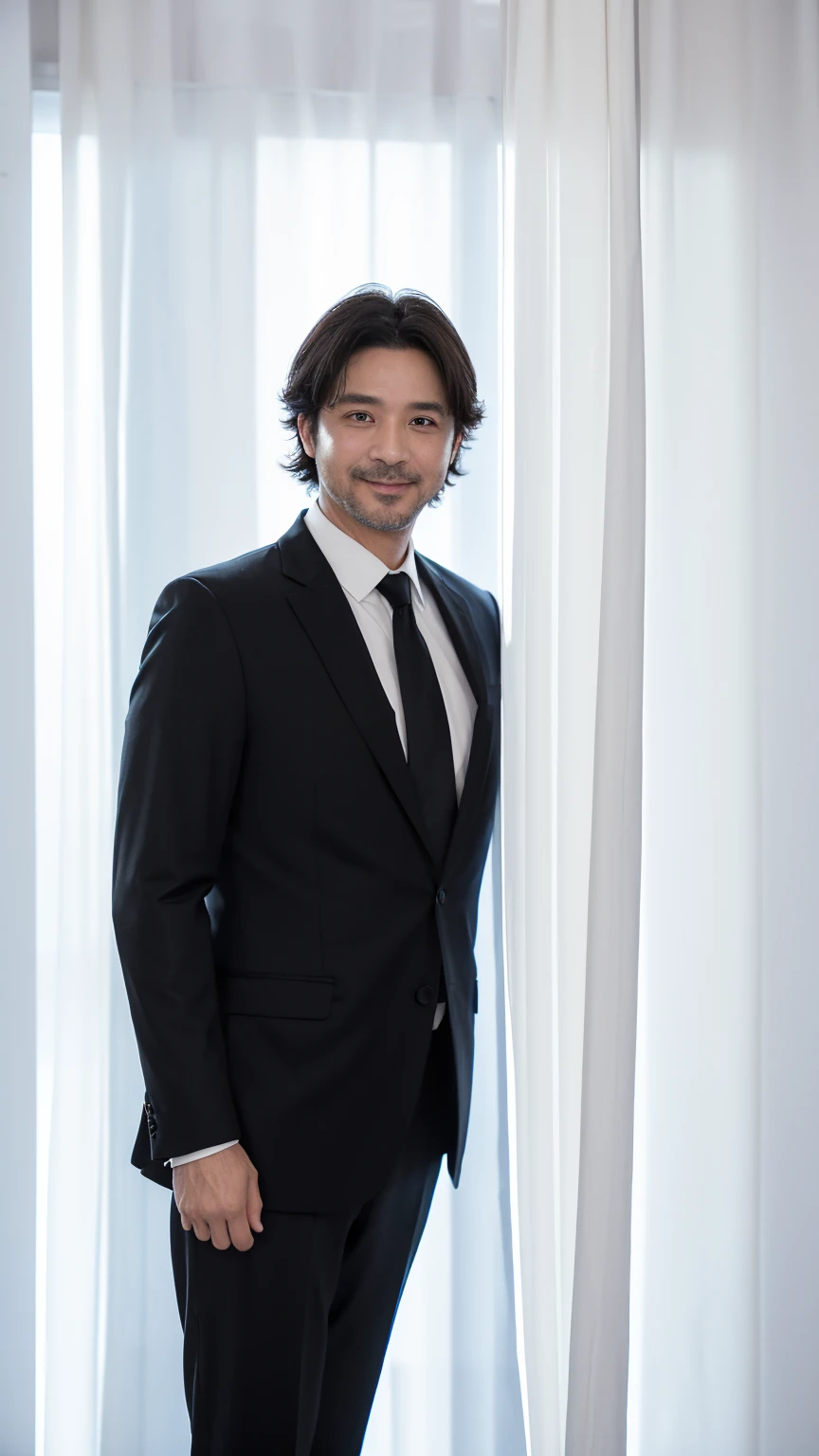 40-year-old man, Soft headlights,High-density imaging,(The face is clear and delicate),((Black suit)),((Various dynamic poses)),((((Half-length photo)))),((Smile)),((Background is white curtain)),best quality,masterpiece,(Soft colors:1.2)