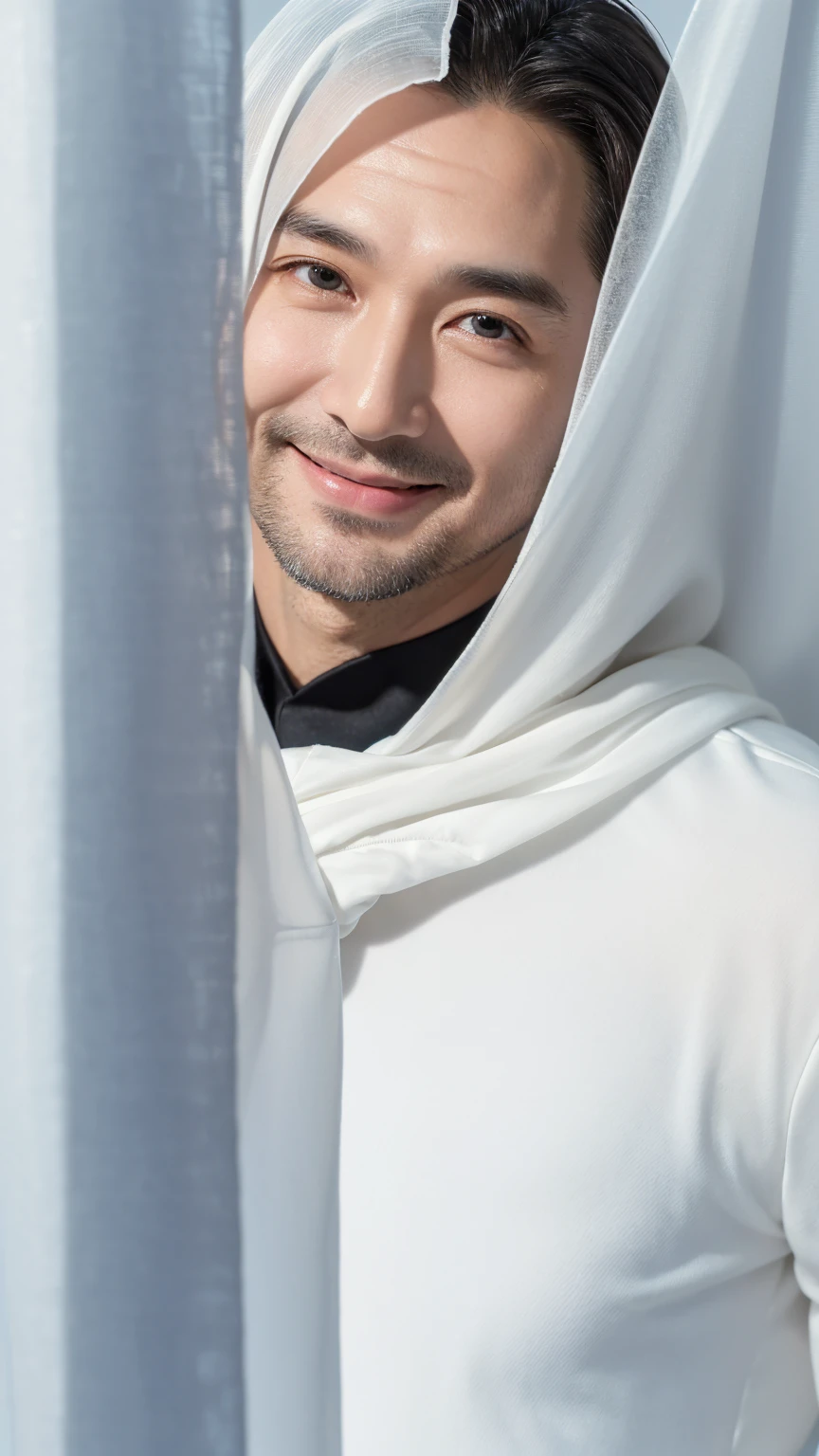 40-year-old man, Soft headlights,High-density imaging,(The face is clear and delicate),((Black suit)),((Various dynamic poses)),((((Half-length photo)))),((Smile)),((Background is white curtain)),best quality,masterpiece,(Soft colors:1.2)