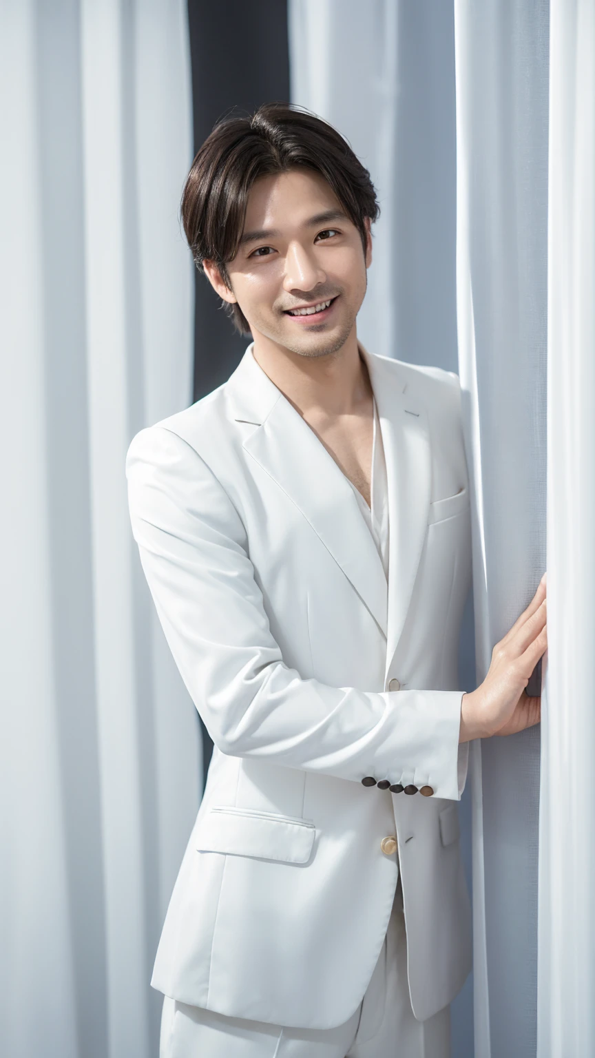 40-year-old man, Soft headlights,High-density imaging,(The face is clear and delicate),((Black suit)),((Various dynamic poses)),((((Half-length photo)))),((Smile)),((Background is white curtain)),best quality,masterpiece,(Soft colors:1.2)