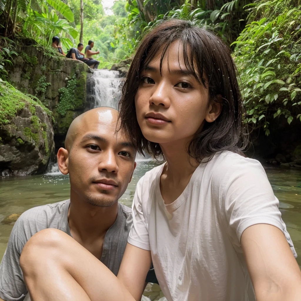 photo realistic, featuring Indonesian men, bald head, which, was sitting under a small natural waterfall. Wearing a gray shirt, While sitting wet he took a selfie. Beside him there was a bald man who was bathing, outdoor atmosphere, with lush plants and waters and tropical trees around it, there are also some people who deserve to be on holiday,