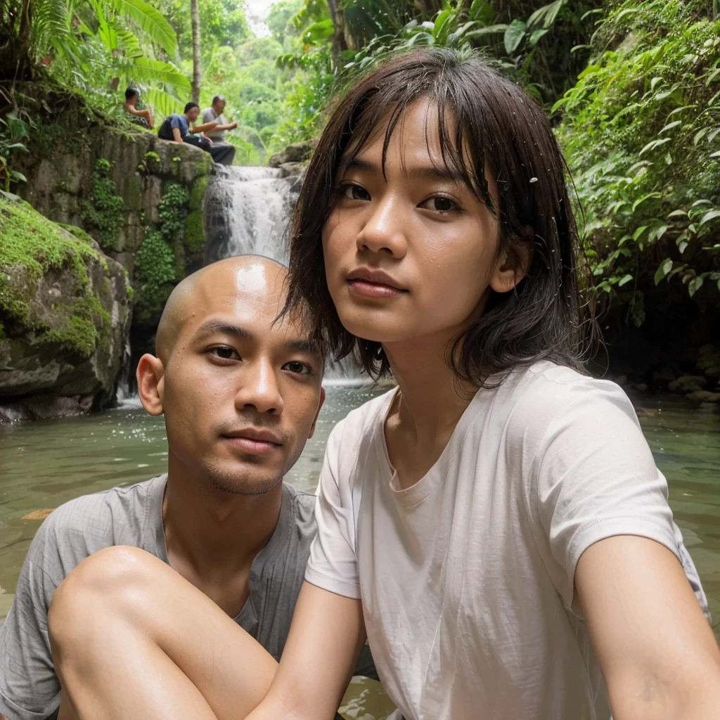 photo realistic, featuring Indonesian men, bald head, which, was sitting under a small natural waterfall. Wearing a gray shirt, While sitting wet he took a selfie. Beside him there was a bald man who was bathing, outdoor atmosphere, with lush plants and waters and tropical trees around it, there are also some people who deserve to be on holiday, 
