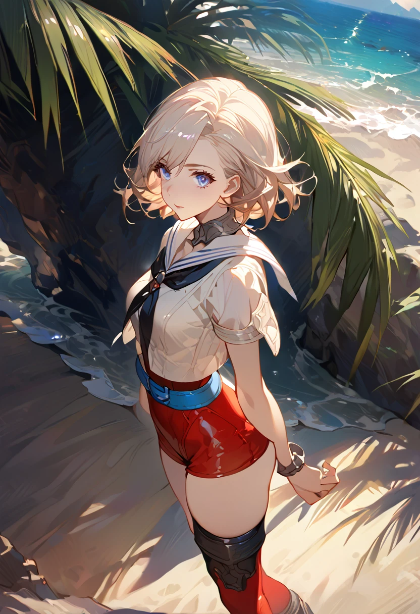 masterpiece, best quality, 8k, 4k, 1girl, ashelia \(final fantasy xii\), slim body, pale blond, blue eyes, short hair, Ashelia Costume, white sailor-like collar shirt, red tight miniskirt, knee sox, , jewelry, Blue belt, single thick blue belt, \(final fantasy xii clothes\) looking at viewer, standing nicely, wind blowing, finely detailed eyes and detailed face, face detailed, hair detailed, clothes detailed, ((high quality)), extreme detail, beach sand, palm tree, calm water, high hills overlooking the sea, hollowed hills, inspired by Asukaziye artist : ask, art style : ask