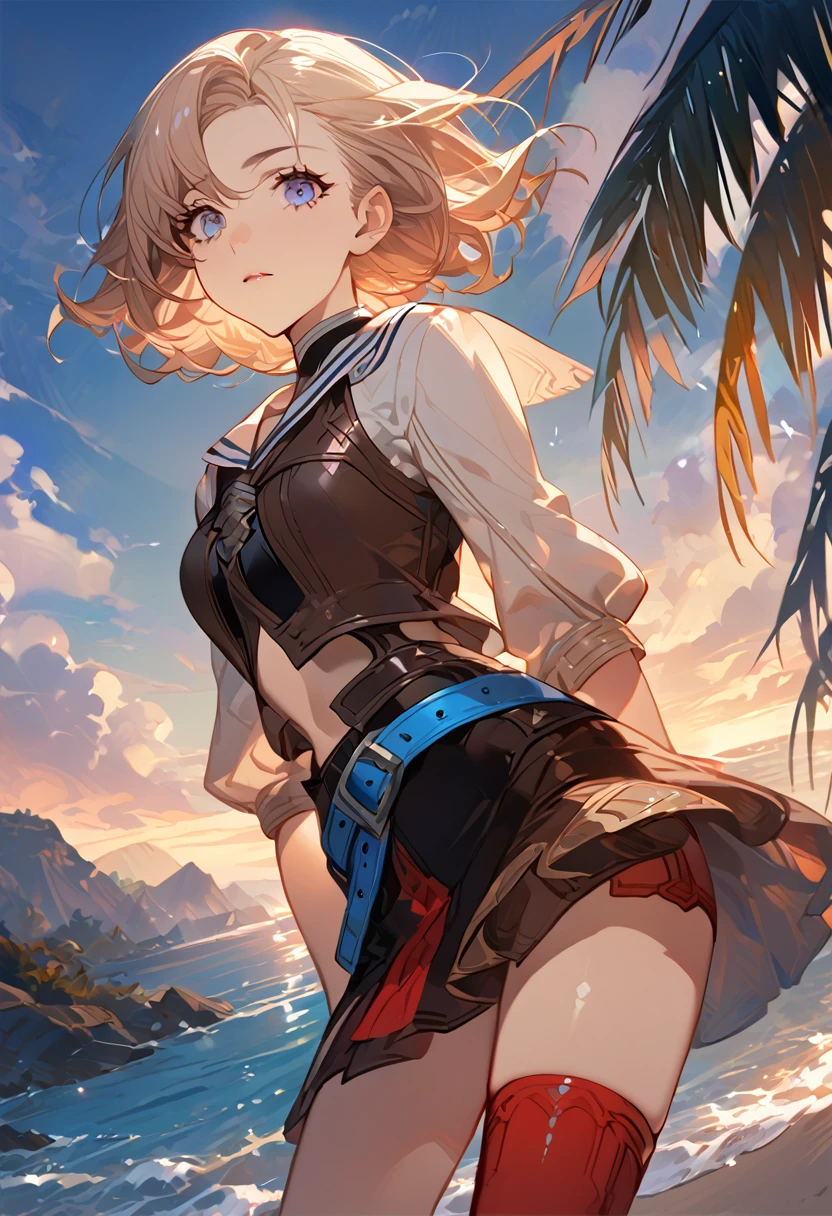 masterpiece, best quality, 8k, 4k, 1girl, ashelia \(final fantasy xii\), slim body, pale blond, blue eyes, short hair, Ashelia Costume, white sailor-like collar shirt, red tight miniskirt, knee sox, , jewelry, Blue belt, single thick blue belt, \(final fantasy xii clothes\) looking at viewer, standing nicely, wind blowing, finely detailed eyes and detailed face, face detailed, hair detailed, clothes detailed, ((high quality)), extreme detail, beach sand, palm tree, calm water, high hills overlooking the sea, hollowed hills,  inspired by Asukaziye artist : ask, art style : ask