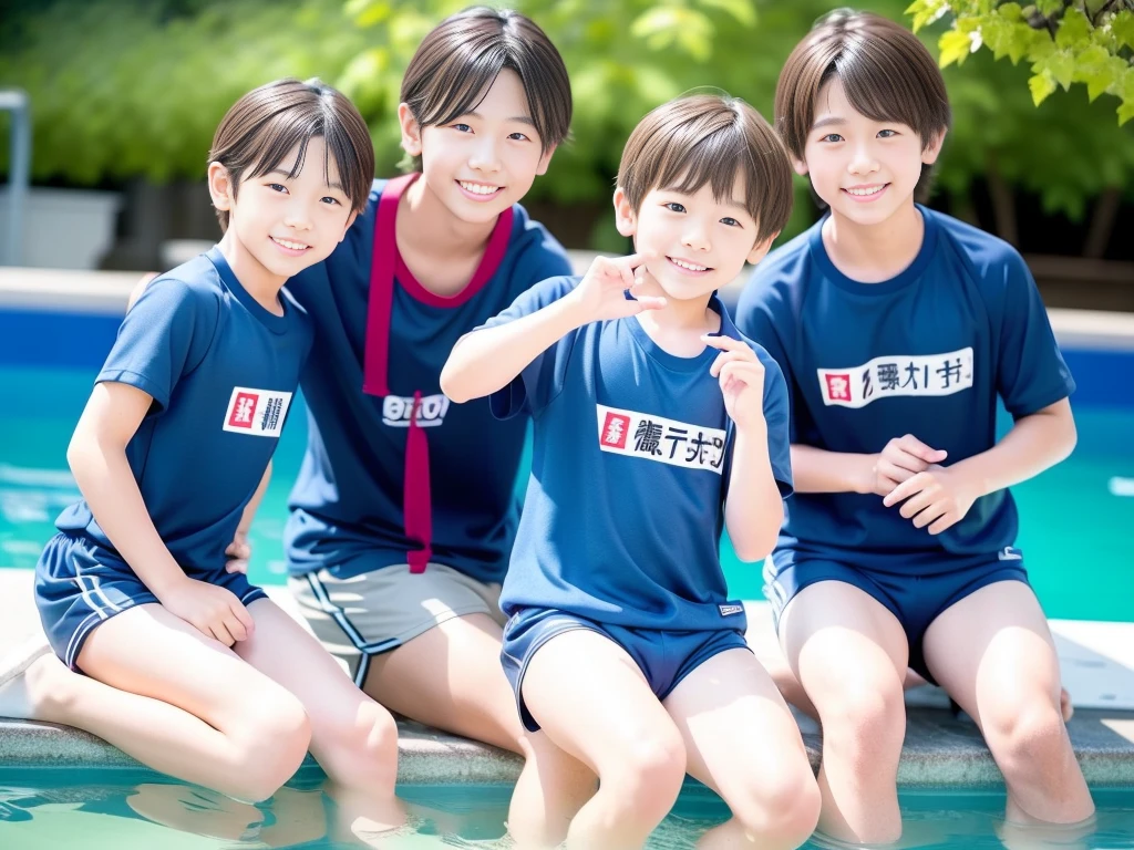 夏休みのprimary school校、Pool、primary school5Grade、Japan Boy、The water feels good、hot day、Two Boys、Various poses、Short sleeve gym uniform、Blue shorts、physical education、barefoot,(Boy 1.4)、Boys only 、(10Age 1.4)