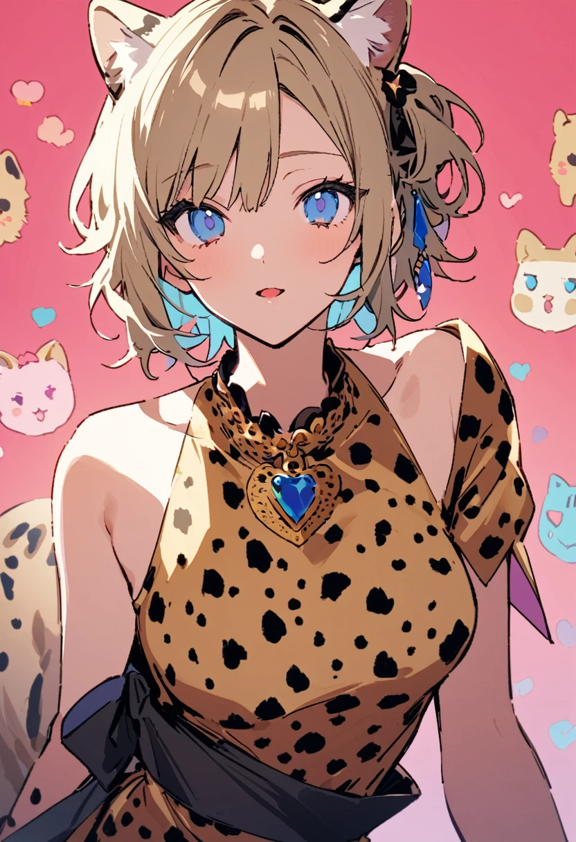 masterpiece, Highest quality, Illustration of the novel, High resolution, 18+ Adult content, Sensual, Intimate, Emotional, Passionate, romantic, sweet, Adorable, Innocent, Pure, charmな, charmな, charm, Mysterious, charmな, charmな, Immersive, charmな, dream-like, Surreal, Imaginative, Whimsical, artistic, Avant-garde, timeless, elegant, Sophisticated, chic, Sophisticated, Personality, original, charmな,((A Cheetah/A cheetah/Cheetah Dress:1.3))、Upper Body、(a bit)