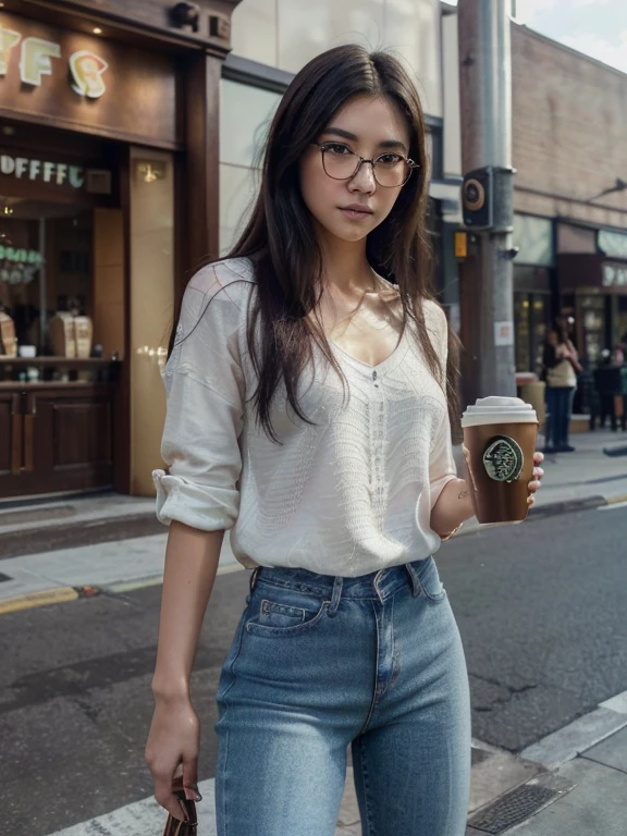 (Masterpiece:1.3)、(8K、Realistic photos、RAW shooting、Highest quality: 1.4)、absolutely correct、textured skin、((((1 girl、alone))))、((Shoot for one person only.))、beautiful face、(realistic face)、Thai model(have dark hair,Midfielder、long:1.3)、Korean model(have dark hair、Midfielder、long:1.3)、More Korean than Thai、realistic eyes、The skin looks realistic.、beautiful details、Beautiful skin、Ultra high resolution、(Too realistic)、Anatomically correct、textured skin、Sharp jaw、perfect proportions 、Dressed in jeans,Stylish and fashionable clothes, glasses, In front of Starbucks store、holding a Starbucks coffee mug