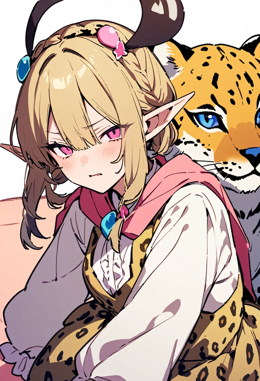 masterpiece, Highest quality, Illustration of the novel, High resolution, 18+ Adult content, Sensual, Intimate, Emotional, Passionate, romantic, sweet, Adorable, Innocent, Pure, charmな, charmな, charm, mysterious, charmな, charmな, Immersive, charmな, dream-like, Surreal, Imaginative, Whimsical, Artistic, Avant-garde, timeless, elegant, Sophisticated, chic, Sophisticated, Personality, original, charmな,((Loli Elf:1.3)),((A look of disgust:1.3))、Upper Body、(A Cheetah/A cheetah/Cheetah Dress:1.3)