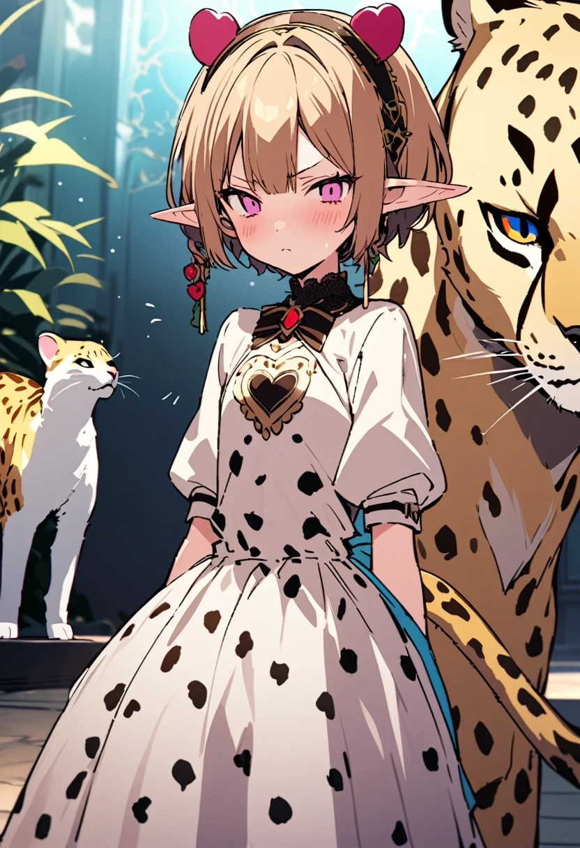masterpiece, Highest quality, Illustration of the novel, High resolution, 18+ Adult content, Sensual, Intimate, Emotional, Passionate, romantic, sweet, Adorable, Innocent, Pure, charmな, charmな, charm, mysterious, charmな, charmな, Immersive, charmな, dream-like, Surreal, Imaginative, Whimsical, Artistic, Avant-garde, timeless, elegant, Sophisticated, chic, Sophisticated, Personality, original, charmな,((Loli Elf:1.3)),((A look of disgust:1.3))、Upper Body、(A Cheetah/A cheetah/Cheetah Dress:1.3)