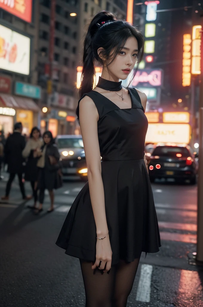 (((best quality))),(((ultra detailed))),(((masterpiece))),illustration,1girl,slim,vibrant rose-pink cotton dress,short ponytail,flat chest,pantyhose,standing, bustling city streets, honking cars,surrounded by crowded crowds, colorful advertisements,enjoying sights and sounds,(dark black skin:1.5),day scene,upper body,arms behind back