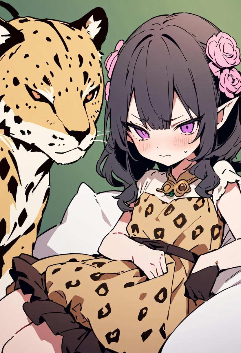 masterpiece, Highest quality, Illustration of the novel, High resolution, 18+ Adult content, Sensual, Intimate, Emotional, Passionate, romantic, sweet, Adorable, Innocent, Pure, charmな, charmな, charm, mysterious, charmな, charmな, Immersive, charmな, dream-like, Surreal, Imaginative, Whimsical, Artistic, Avant-garde, timeless, elegant, Sophisticated, chic, Sophisticated, Personality, original, charmな,((Loli Elf:1.3)),((A look of disgust:1.3))、Upper Body、(A Cheetah/A cheetah/Cheetah Dress:1.3)