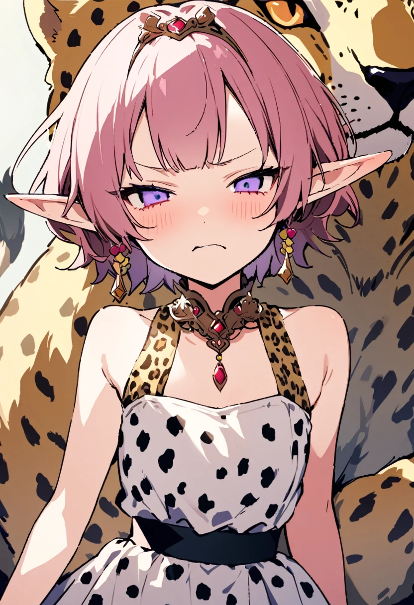 masterpiece, Highest quality, Illustration of the novel, High resolution, 18+ Adult content, Sensual, Intimate, Emotional, Passionate, romantic, sweet, Adorable, Innocent, Pure, charmな, charmな, charm, mysterious, charmな, charmな, Immersive, charmな, dream-like, Surreal, Imaginative, Whimsical, Artistic, Avant-garde, timeless, elegant, Sophisticated, chic, Sophisticated, Personality, original, charmな,((Loli Elf:1.3)),((A look of disgust:1.3))、Upper Body、(A Cheetah/A cheetah/Cheetah Dress:1.3)