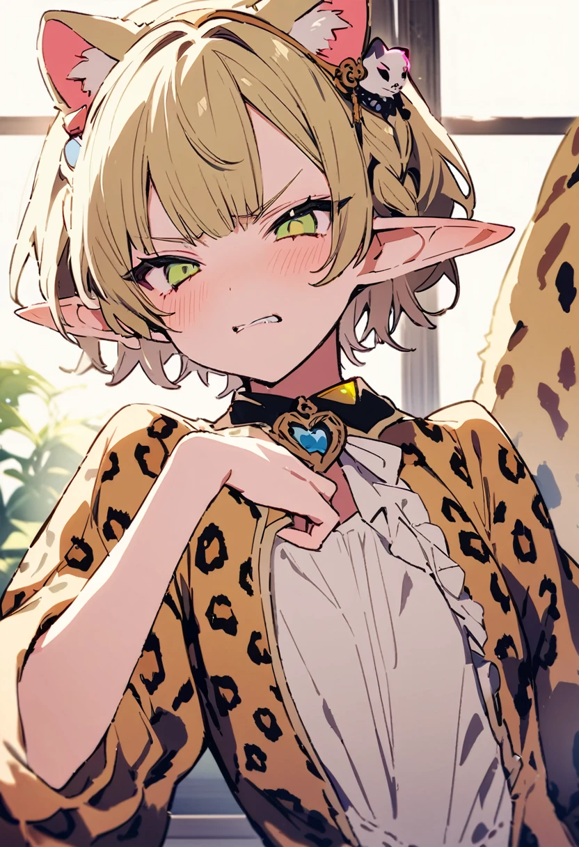 masterpiece, Highest quality, Illustration of the novel, High resolution, 18+ Adult content, Sensual, Intimate, Emotional, Passionate, romantic, sweet, Adorable, Innocent, Pure, charmな, charmな, charm, mysterious, charmな, charmな, Immersive, charmな, dream-like, Surreal, Imaginative, Whimsical, Artistic, Avant-garde, timeless, elegant, Sophisticated, chic, Sophisticated, Personality, original, charmな,(( Elf:1.3)),((A look of disgust:1.3))、Upper Body、(A Cheetah/A cheetah/Cheetah Dress:1.3)