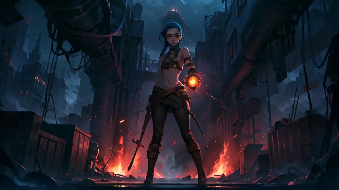 (masterpiece, Best quality), 1 girl, portrait, very sexy, crazy look, smile, crying, pink tears, tears on the cheeks, tears from eyes, full length (full body 1.1.), очень feminine, fighting stance, battle, fire, explosions, burning city, Beautiful waist, gloomy composition, flame, fire, Flash, very beautiful, feminine, long hair, hair braided in long braids, very sexy, tight leather pants, emphasis on the eyes, face accent, Beautiful face, Hands, Hair, Haired ponytail, red purple eyes, Джинкс crying, Blue cloud tattoo, (masterpiece, Best quality), Side lighting, beautiful detailed eyes, crazy face), (Best quality), (masterpiece), magic photography, Spectacular lighting, Photorealism, ultra detailed, интимная portraitная композиция, 1. 4,8 k UHD, aesthetic, Cd., A high resolution, 8 k, better lighting, Best shade, Ultra-HD, A high resolution, sharp focus, Complex background, Cinematic lighting, ((Landscape view)), 4K block, (better lighting), ((Cinematic lighting)),