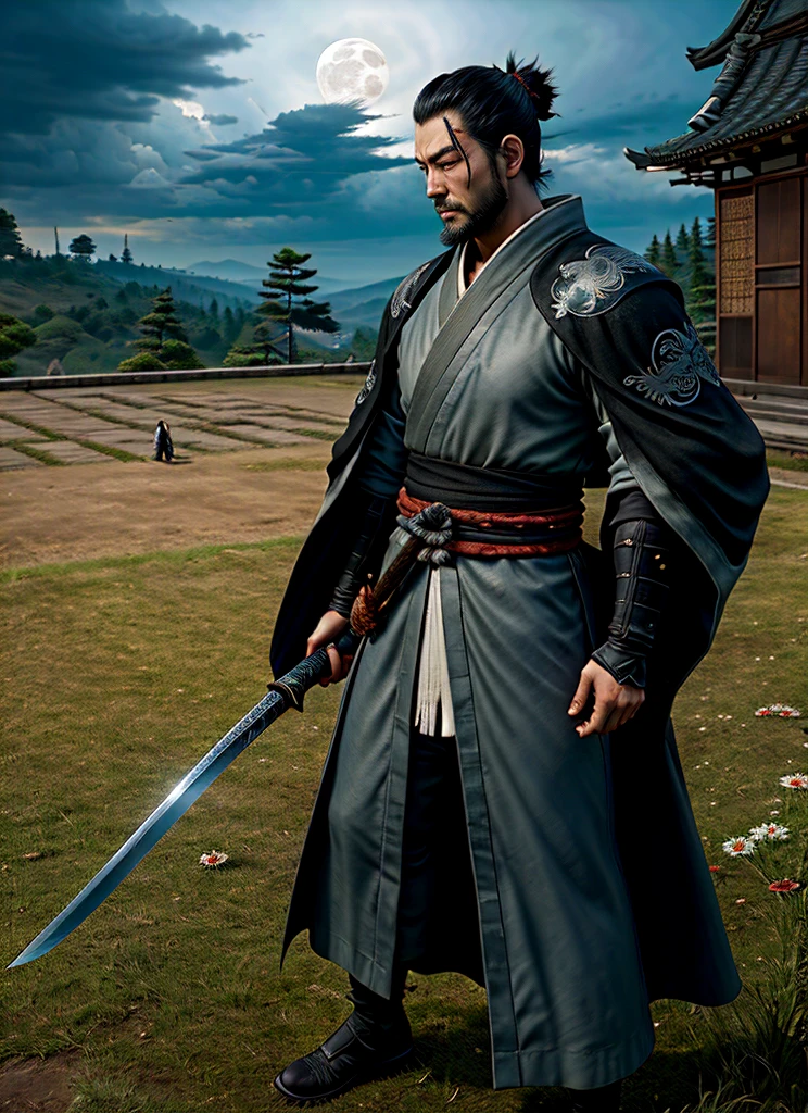 Isshin, the Sword Saint is a legendary warrior and the founder of the Ashina Clan. He is an old man with white hair and beard, wearing a blue kimono with black patterns and a white cloak. He carries a katana and a spear. He also has a gun hidden in his sleeve.

He awaits Sekiro in the great grass field where he first fought Genichiro Ashina, his grandson. The field is covered with blood and corpses of soldiers who died in the battle. The sky is dark and stormy, and lightning flashes occasionally. Isshin emerges from Genichiro’s body after he sacrifices himself to revive him using the Black Mortal Blade. He respects Sekiro as a worthy opponent and challenges him to a final duel for the fate of Ashina.
moon, dark theme, light, fantasy,