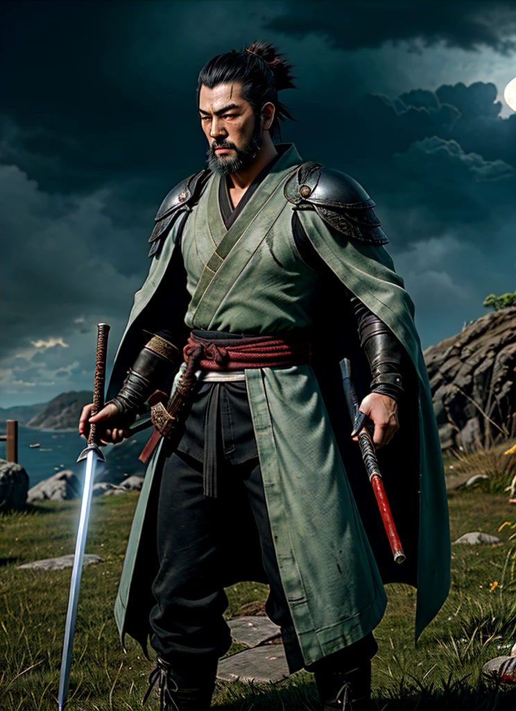 Isshin, the Sword Saint is a legendary warrior and the founder of the Ashina Clan. He is an old man with white hair and beard, wearing a blue kimono with black patterns and a white cloak. He carries a katana and a spear. He also has a gun hidden in his sleeve.

He awaits Sekiro in the great grass field where he first fought Genichiro Ashina, his grandson. The field is covered with blood and corpses of soldiers who died in the battle. The sky is dark and stormy, and lightning flashes occasionally. Isshin emerges from Genichiro’s body after he sacrifices himself to revive him using the Black Mortal Blade. He respects Sekiro as a worthy opponent and challenges him to a final duel for the fate of Ashina.
moon, dark theme, light, fantasy,