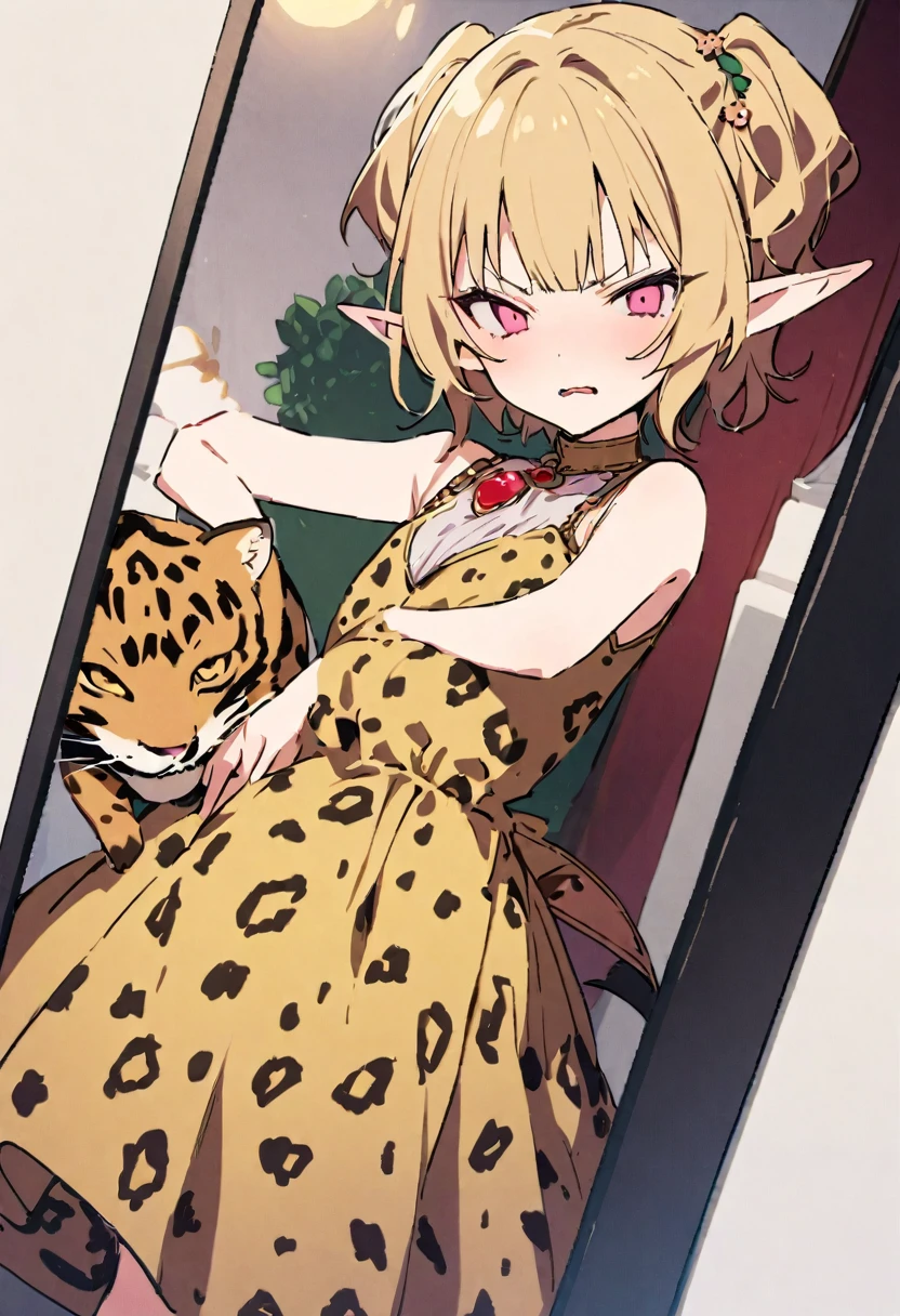masterpiece, Highest quality, Illustration of the novel, High resolution, 18+ Adult content, Sensual, Intimate, Emotional, Passionate, romantic, sweet, Adorable, Innocent, Pure, charmな, charmな, charm, mysterious, charmな, charmな, Immersive, charmな, dream-like, Surreal, Imaginative, Whimsical, Artistic, Avant-garde, timeless, elegant, Sophisticated, chic, Sophisticated, Personality, original, charmな,((Loli Elf:1.3)),((A look of disgust:1.3))、Upper Body、(A Cheetah/A cheetah/Cheetah Dress:1.3)