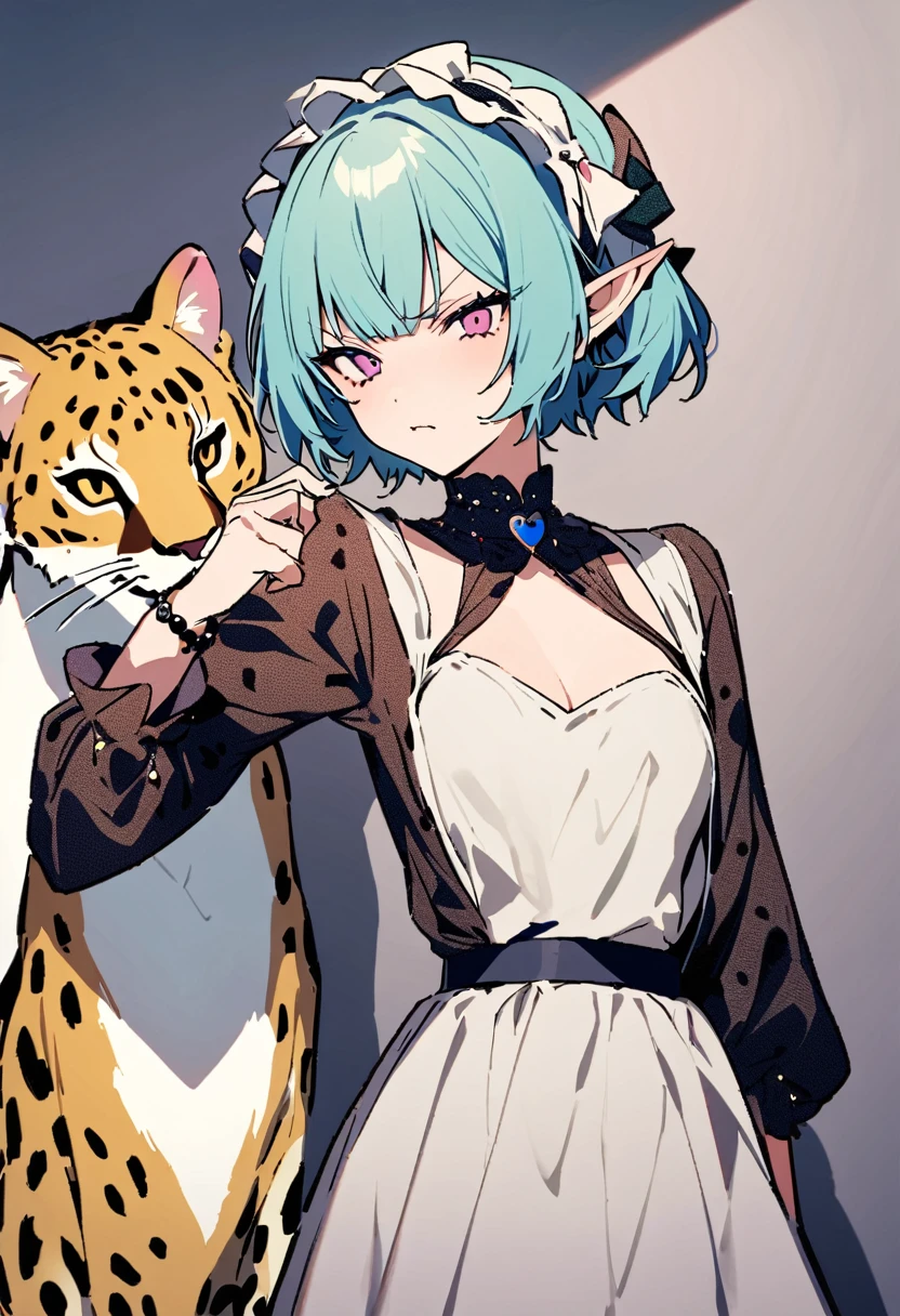 masterpiece, Highest quality, Illustration of the novel, High resolution, 18+ Adult content, Sensual, Intimate, Emotional, Passionate, romantic, sweet, Adorable, Innocent, Pure, charmな, charmな, charm, mysterious, charmな, charmな, Immersive, charmな, dream-like, Surreal, Imaginative, Whimsical, Artistic, Avant-garde, timeless, elegant, Sophisticated, chic, Sophisticated, Personality, original, charmな,((Loli Elf:1.3)),((A look of disgust:1.3))、Upper Body、(A Cheetah/A cheetah/Cheetah Dress:1.3)