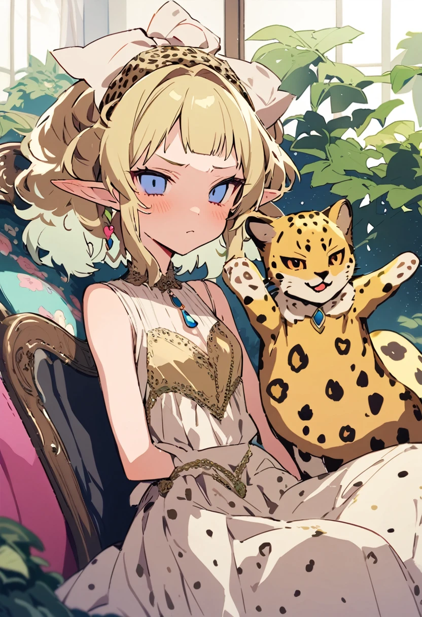 masterpiece, Highest quality, Illustration of the novel, High resolution, 18+ Adult content, Sensual, Intimate, Emotional, Passionate, romantic, sweet, Adorable, Innocent, Pure, charmな, charmな, charm, mysterious, charmな, charmな, Immersive, charmな, dream-like, Surreal, Imaginative, Whimsical, Artistic, Avant-garde, timeless, elegant, Sophisticated, chic, Sophisticated, Personality, original, charmな,((Loli Elf:1.3)),((A look of disgust:1.3))、Upper Body、(A Cheetah/A cheetah/Cheetah Dress:1.3)