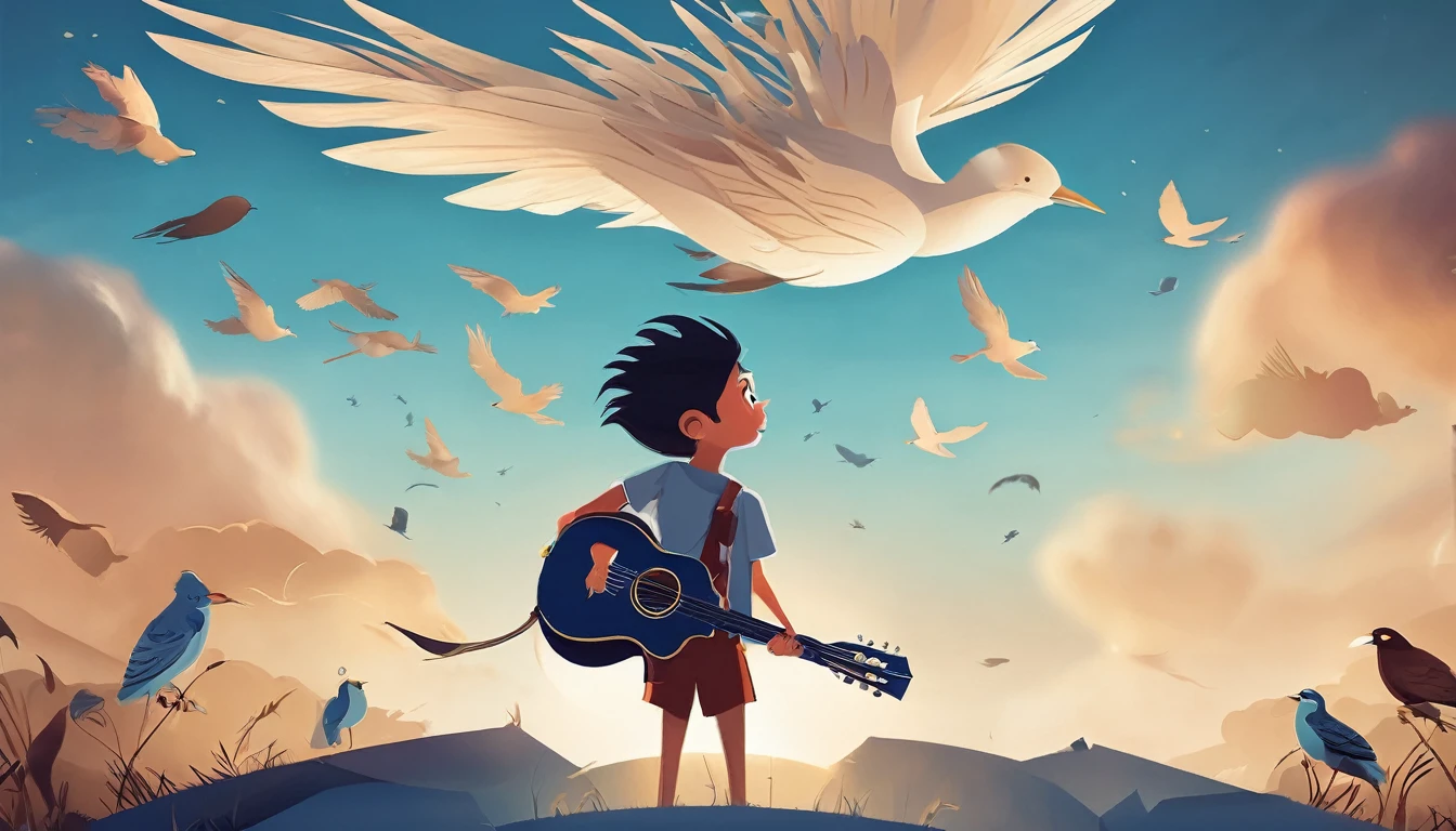 Create a professional, fantastic, cinematic Youtube Banner for a brand about music and stories called " Penamemoria". Masterpiece, 4k, sharp focus, highest quality,wide shot. The title is " Penamemoria". Is a brand about the creative, unique journey of a boy into becoming a musician storyteller. In his journey he finds inspiration in a world of birds and feathers. Minimalistic, simple, poetic, dreamy logotype at the center of the image. The Background image is a world full of fantastic feathers, unique birds, light blue sky, and a boy running happily into the horizon with an acoustic guitar in his right hand. Boy running against the wind, almost simulating like he is flying