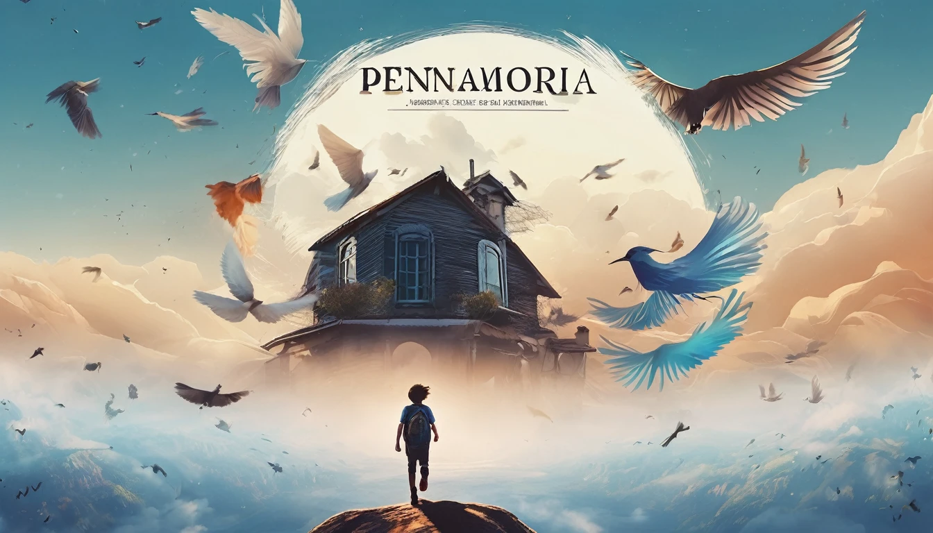 Create a professional, fantastic, cinematic Youtube Banner for a brand about music and stories called " Penamemoria". Masterpiece, 4k, sharp focus, highest quality,wide shot. The title is " Penamemoria". Is a brand about the creative, unique journey of a boy into becoming a musician storyteller. In his journey he finds inspiration in a world of birds and feathers. Minimalistic, simple, poetic, dreamy logotype at the center of the image. The Background image is a world full of fantastic feathers, unique birds, light blue sky, and a boy running happily into the horizon with an acoustic guitar in his right hand. Boy running against the wind, almost simulating like he is flying