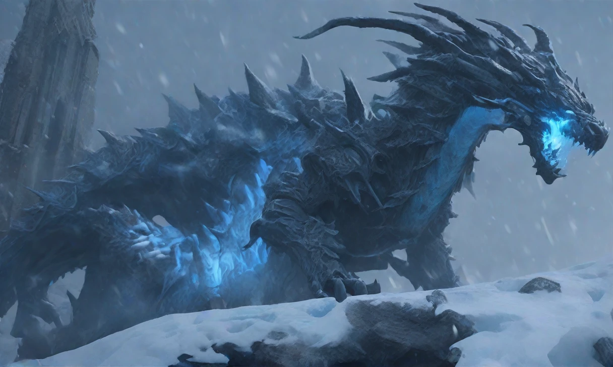 Death Knight Style,A powerful artifact that grants immortality is guarded by a powerful dragon.,8K,masterpiece,Practical,Glowing eyes,epic,Popular on ArtStation,Ultra-fine photography,Clear focus,Frost theme,(Philip Kennedy Johnson:1.2), snow