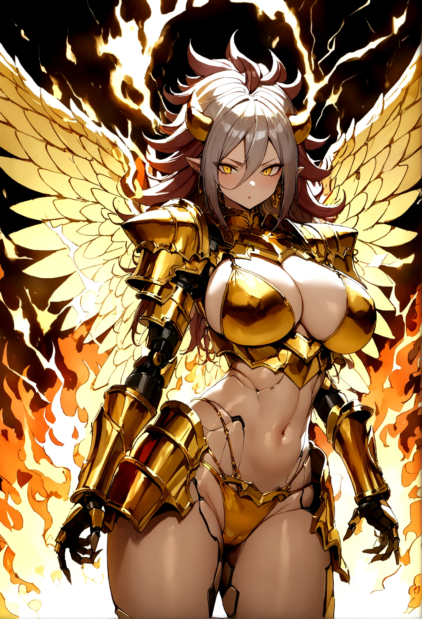 ((Lightning Power)), ((Electricity)), ((Fire Background)), ((Lightning Storm)), ((Power Erupting)), (((((android 21))))), ((((Gigantic Rasengan)))), (((Evil Power))), (((white Coat))), (((Busty))), (((((Big breast:1,3)))), luxury bustier corset, (((silver hair))), (((Very slim waist))), propotional body, ((Gorgeous)), (((Fire Blazing Horns))), ((((gold wings))), masterpiece, hyperdetail, ambient effect, digital effect, (((Fire Gold Bikini Armor))), (((Lightning Gold Wings)))