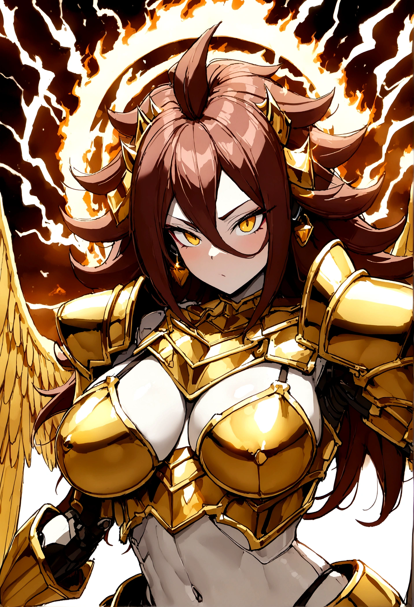((Lightning Power)), ((Electricity)), ((Fire Background)), ((Lightning Storm)), ((Power Erupting)), (((((android 21))))), ((((Gigantic Rasengan)))), (((Evil Power))), (((white Coat))), (((Busty))), (((((Big breast:1,3)))), luxury bustier corset, (((silver hair))), (((Very slim waist))), propotional body, ((Gorgeous)), (((Fire Blazing Horns))), ((((gold wings))), masterpiece, hyperdetail, ambient effect, digital effect, (((Fire Gold Bikini Armor))), (((Lightning Gold Wings)))