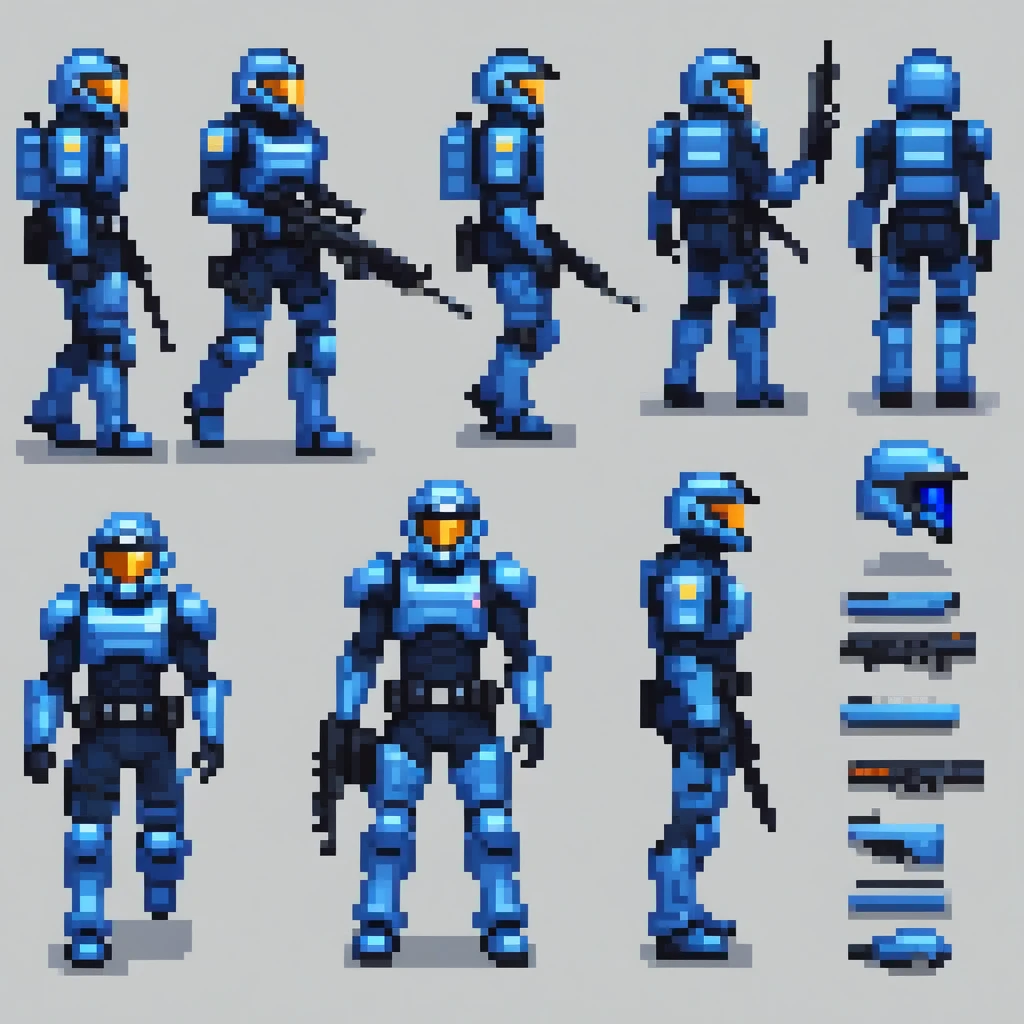 create a sprite sheet, a futuristic police officer with cybernetic armor and helmet with blue visor, walking with his futuristic rifle, full body, standing, still, panning,