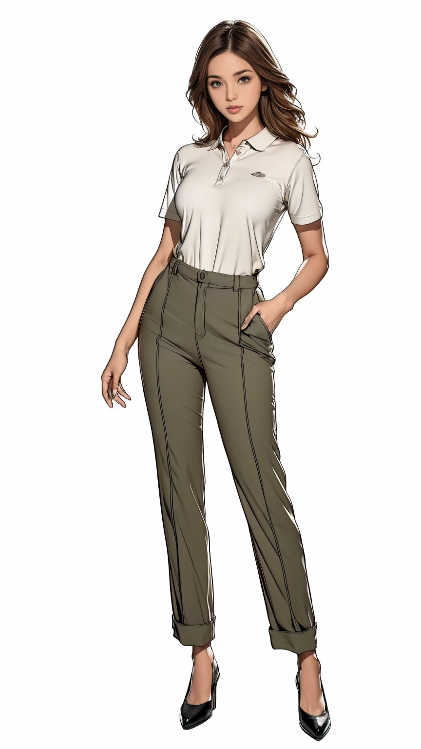 ((best quality,4k,highres,masterpiece:1.2)),((character concept art)), 1 female, age 18. Known for her naive demeanor and optimistic outlook, Issabella embodies the role of a young, countryside intern at a TV channel. Her body language is as gentle as her personality, always exuding shyness and friendliness. (((She's wearing a simple Polo shirt and pair of trousers that, while modest, suits her slim, athletic body))). (((Her shoes are basic, comfortable, and suitable for her long hours at the television channel))). ((intricate detail)), super finely detailed hands, ultra finely detailed fingers(((ten fingers))), (standing shyly), (full body showcase), (show full body), (no logos on background), (no logo), ((plain background)), ((plain background)), (((empty background))).