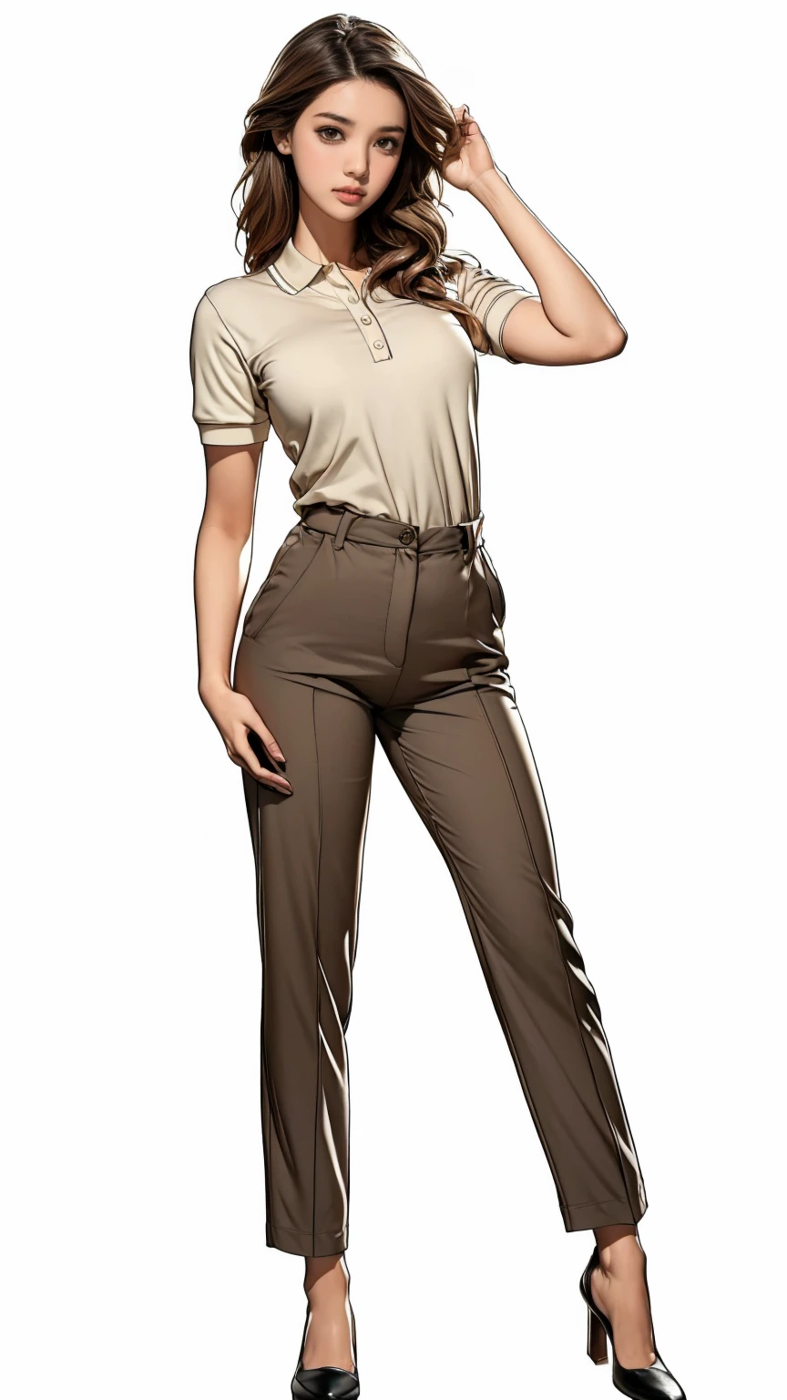 ((best quality,4k,highres,masterpiece:1.2)),((character concept art)), 1 female, age 18. Known for her naive demeanor and optimistic outlook, Issabella embodies the role of a young, countryside intern at a TV channel. Her body language is as gentle as her personality, always exuding shyness and friendliness. (((She's wearing a simple Polo shirt and pair of trousers that, while modest, suits her slim, athletic body))). (((Her shoes are basic, comfortable, and suitable for her long hours at the television channel))). ((intricate detail)), super finely detailed hands, ultra finely detailed fingers(((ten fingers))), (standing shyly), (full body showcase), (show full body), (no logos on background), (no logo), ((plain background)), ((plain background)), (((empty background))).