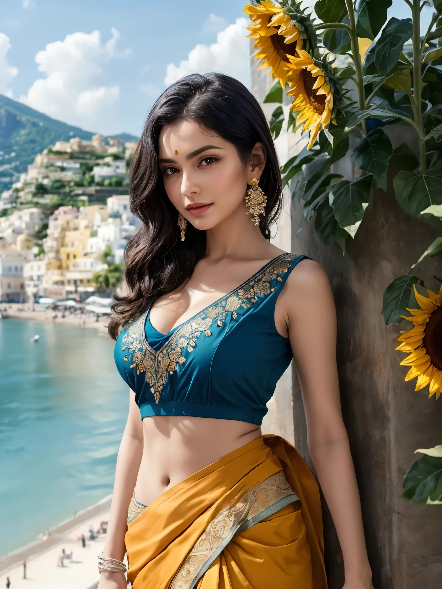 girl wearing sleeveless blouse under sari, BREAK, 1girl, detailed face, looking at viewer, cleavage, detailed india traditional pattern sari, stud intricate earring, parted lips, detailed skin, cascading hair, exuding sexy and beauty, seashore, amalfi coast, lemon liquor, limoncello, colorful building, sunflower, cat ear,