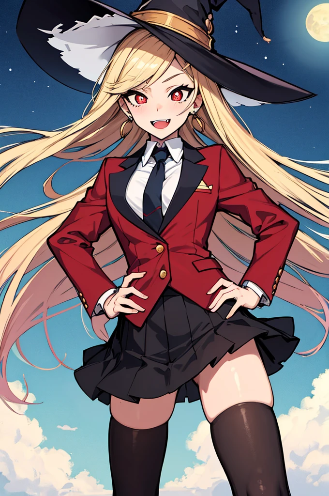 (absurdres, 8k, 4k, masterpiece, hyper extreme detailed:1.2), solo, perfect anatomy, cowboy shot, 1girl, front view, perfect face, 1girl, portrait, standing, Female, Mature Female, very long hair, 8k uhd, 1girl, slender, cowboy shot, standing, half body, front view, red tie, night sky, moon, stockings, big witch hat, witch, blonde hair, piercings, earrings, detailed eyes, expressive eyes, colorful pupils, blazer, skirt, smile, fang tooth, red eyes, earrings, hand on hip, flat chest, looking forward, front view, messy hair, wind, windy, moving hair, moving clothes, swept bangs, mature body, gyaru, crazy face, crazy eyes, crazy smile,