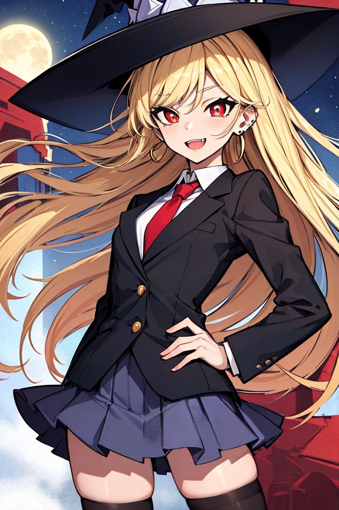 (absurdres, 8k, 4k, masterpiece, hyper extreme detailed:1.2), solo, perfect anatomy, cowboy shot, 1girl, front view, perfect face, 1girl, portrait, standing, Female, Mature Female, very long hair, 8k uhd, 1girl, slender, cowboy shot, standing, half body, front view, red tie, night sky, moon, stockings, big witch hat, witch, blonde hair, piercings, earrings, detailed eyes, expressive eyes, colorful pupils, blazer, skirt, smile, fang tooth, red eyes, earrings, hand on hip, flat chest, looking forward, front view, messy hair, wind, windy, moving hair, moving clothes, swept bangs, mature body, gyaru, crazy face, crazy eyes, crazy smile,
