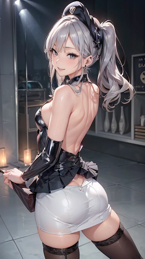 ((Biologically correct limb count))、(( From head to toe、Full-body photo including face))、4K、((Standing position))、masterpiece、((Focus on the face))、((Symmetrical  features))、Eyes with detailed description、Beautiful woman、Great style、Beautiful arms、Beautiful legs、Beautiful Hands、(Small Ass、Thin thighs）、 detailing、Small earrings、necklace、( skirt、High heels、Black garter stockings）、Face close-up、smile、stage.、beret、Silver Hair、((Alluring))、(((Back view、Looking back))）