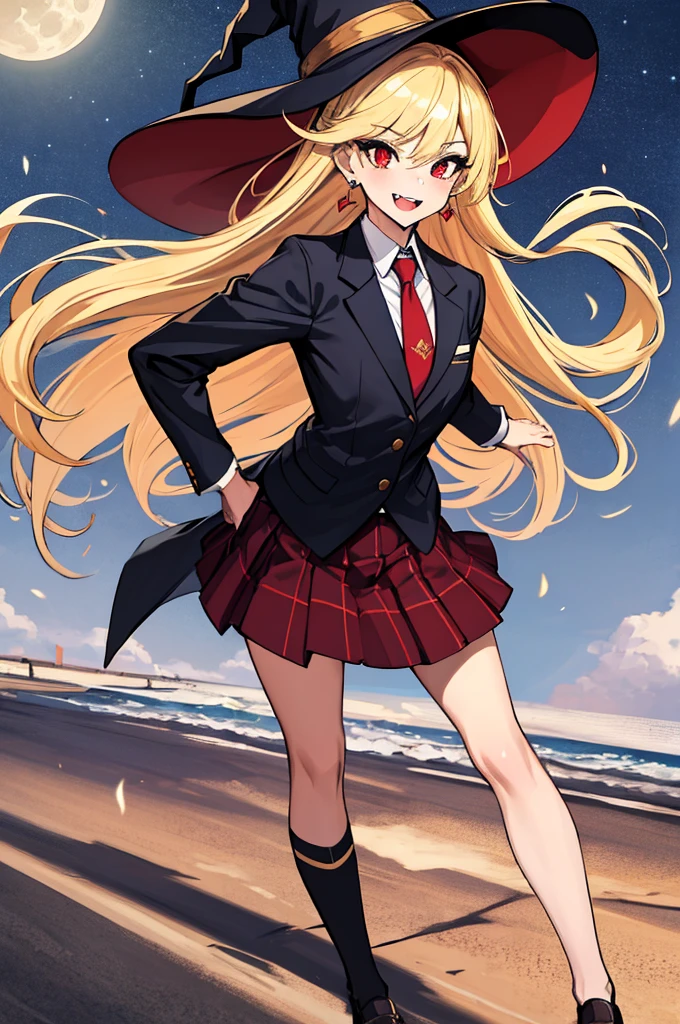 (absurdres, 8k, 4k, masterpiece, hyper extreme detailed:1.2), solo, 1girl, side view, perfect face, 1girl, portrait, looking at viewer, standing, Female, Mature Female, very long hair, 8k uhd, 1girl, slender, cowboy shot, standing, half body, front view, red tie, night sky, moon, stockings, big witch hat, witch, blonde hair, piercings, earrings, detailed eyes, expressive eyes, colorful pupils, blazer, skirt, smile, fang tooth, red eyes, earrings, hand on hip, flat chest, looking forward, front view, messy hair, wind, windy, moving hair, moving clothes, swept bangs, mature body, gyaru, crazy face, crazy eyes, crazy smile, full body