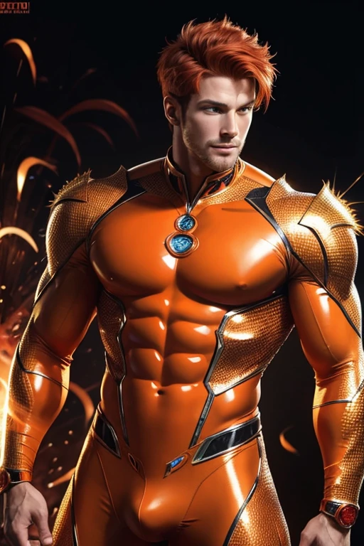 Quarter body photorealistic handsome hunky fractal masculine red haired vesto wearing a orange with gold transparent crystal chrome glass trimmings super suit , look at camera, detailed face parts,, fire as background, Freestyle Pose, Happy Expression, perfect anatomy, symmetric body,, 18 years old, :: high detail, a lean athletic body, realistic, human skin, extremely detailed fingers, chad chin,, masculine, human skin, , gorgeous, Attractive. super bulges in action . camera focus face front