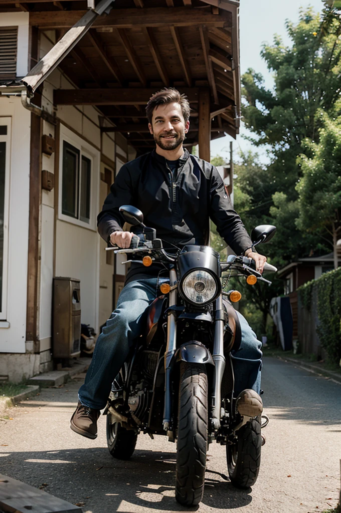 Guy riding a motorbike in front of the house