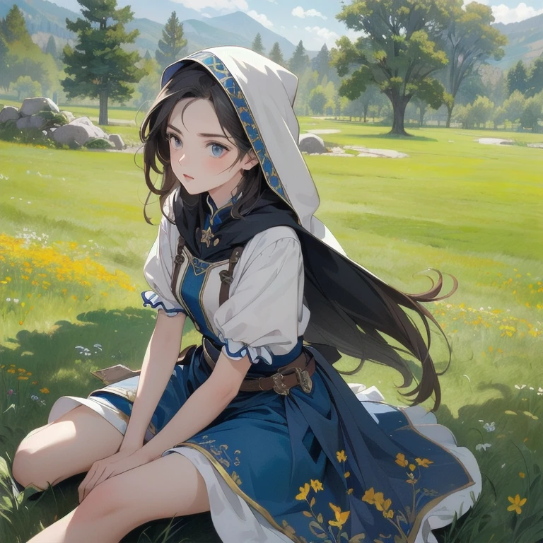 (masterpiece, top quality, top quality, official art, beautiful and aesthetically pleasing: 1.2), 1 girl, One, marquise, seeker of adventures, hood, meadow, detailed background, otherworldly fantasy with stunning modeling and highly detailed writing, one of the most powerful battle scenes, deep and detailed background, Sweet and beautiful girl, creative cute girls, creative posing
