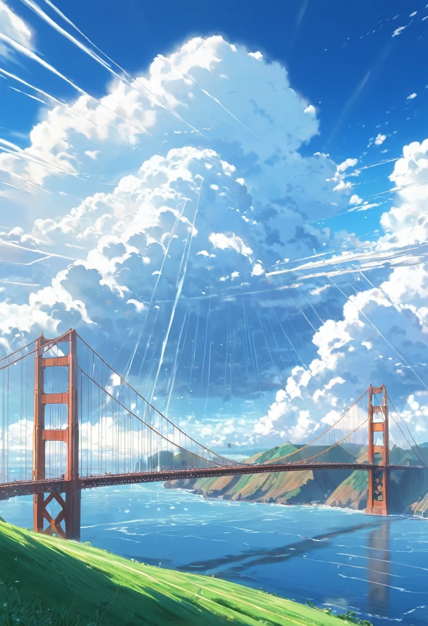 an instagram photo of clouds and the golden gate bridge in San Francisco, California, anime clouds, beautifull puffy clouds. anime, beautiful anime scenery, anime landscape, anime scenery, anime landscape wallpaper, anime sky, hyper realistic clouds, by makoto shinkai, by Makoto Shinkai, beautiful anime scene, beautiful anime artwork, in style of makoto shinkai, beautiful anime art, anime background art, ( ( makoto shinkai ) ), giant clouds, clean anime art, anime scenery concept art, ross tran. scenic background

