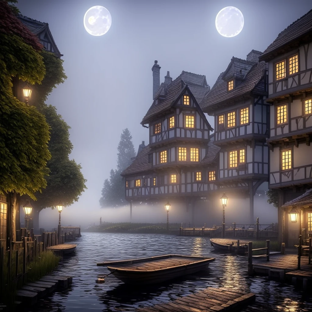 (masterpiece:1.2), (best quality,:1.2), 8k, HDR, ultra detailed, ((photorealistic)), professional light, cinematic lighting, fashion photography, ambient lighting,background, a medieval town at a lake, moonlight, fog, FanSe, DarkFantasy, epiCPhoto