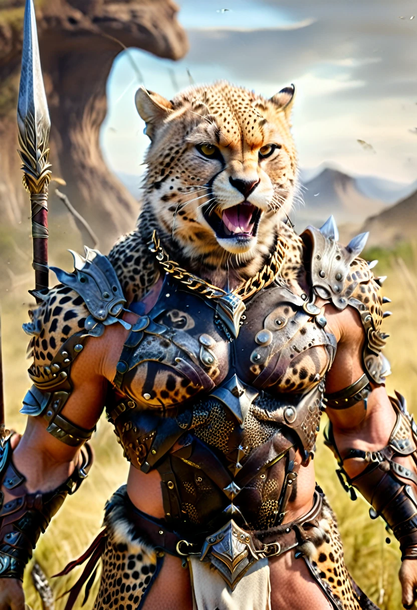 a close up portrait of male  (cheetah anthomorph: 1.5) as barbarian warrior, muscled  (cheetah anthomorph: 1.5), wearing leather armor, bare chested, necklace of fangs, armed with a spear, deep feline eyes, intent gaze, roaring with mouth full of fangs, wild savannah background, sense of awe, sense of fear, wildness in its might and glory, best details, best quality, highres, ultra wide angle, 16k, [ultra detailed], masterpiece, best quality, (extremely detailed), photorealistic, Cinematic Hollywood Film, Spear and Shield